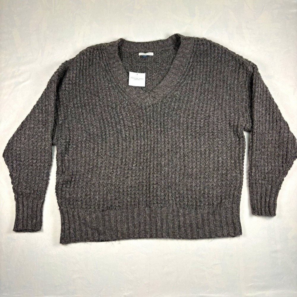 American Eagle Chunky Knit VNeck Sweater Womens Large Gray Oversized NWT